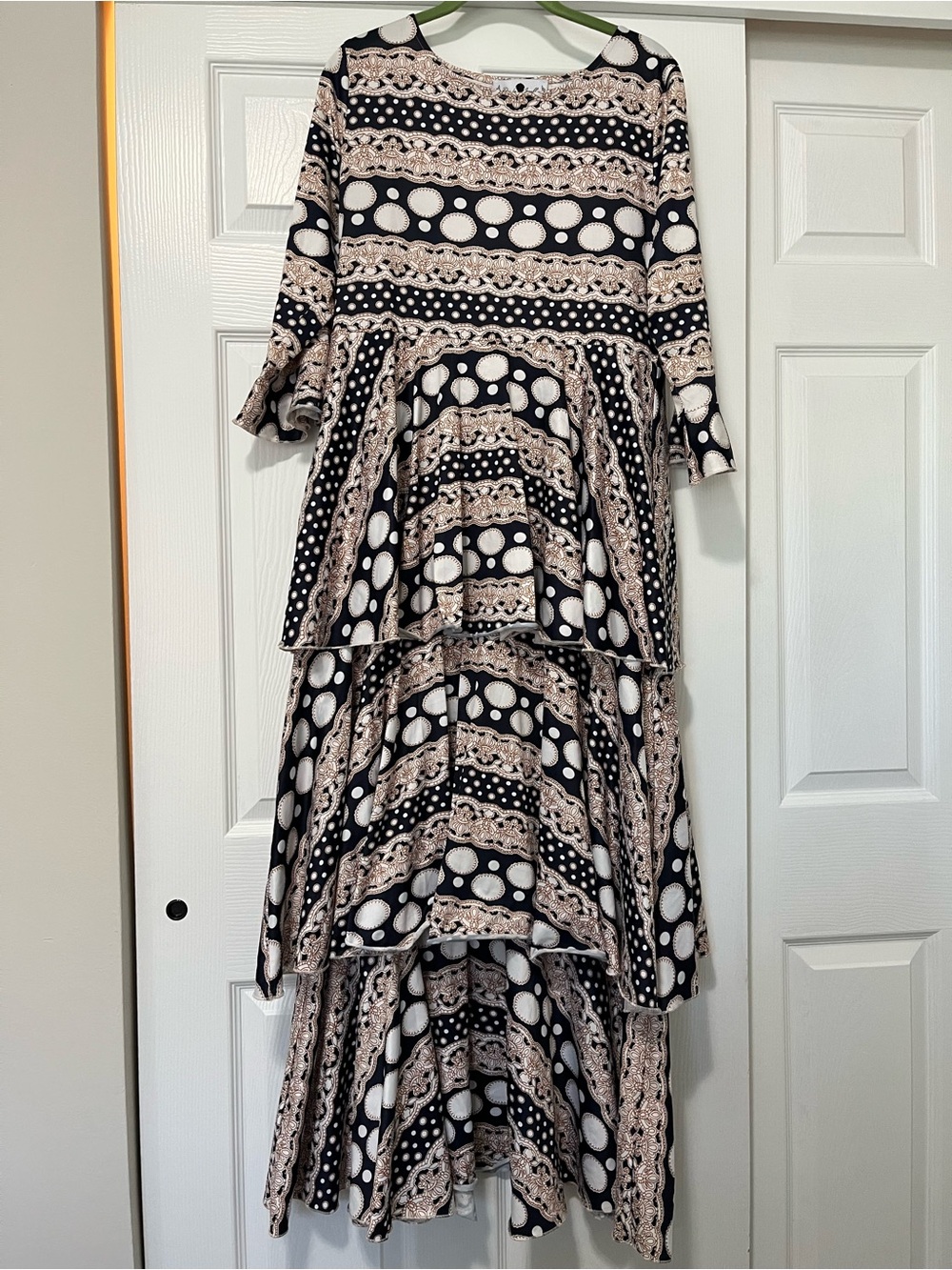 Tiered Navy and Beige Patterned Midi Dress